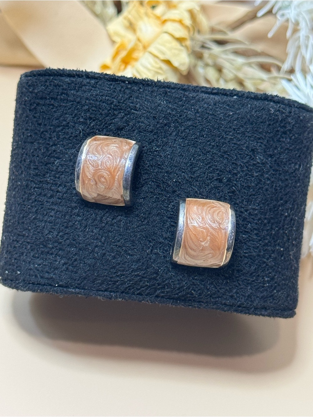 Vintage KC Signed Peach Enamel Silver Tone Swirl Stud Earrings